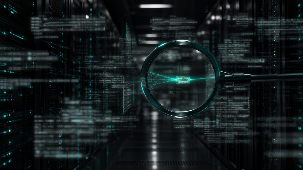 Data center com cascata de dados e óptica teal encontrando a informação certa — metáfora da Busca Híbrida