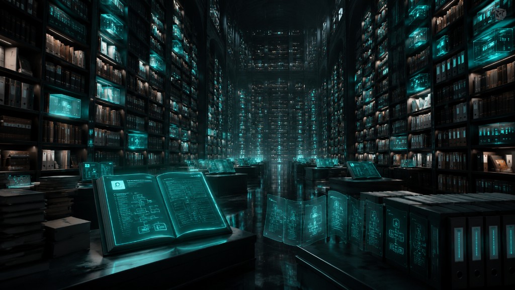 Biblioteca monumental com hologramas teal — metáfora da Base de Conhecimento com 1.500+ skills